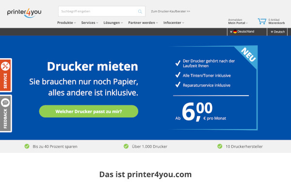 Screenshot der Website printer4you.com